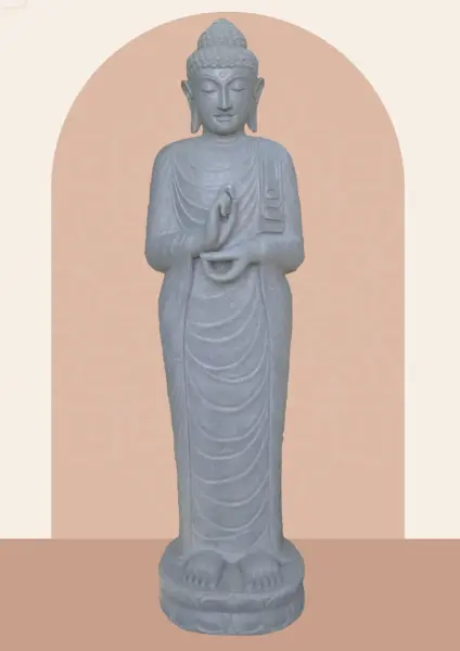 Artikelbild 1 des Artikels “Stehender Buddha aus Flussstein in Dharmachakra-Position - Geste des Rades der Dharma-Lehre. Etwa 180cm Höhe. “